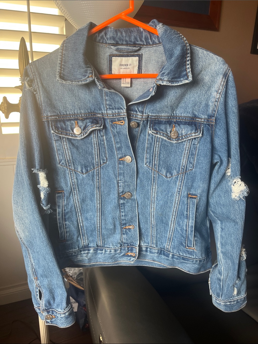 Forever 21 Light Blue Distressed Denim Jacket - Women's M